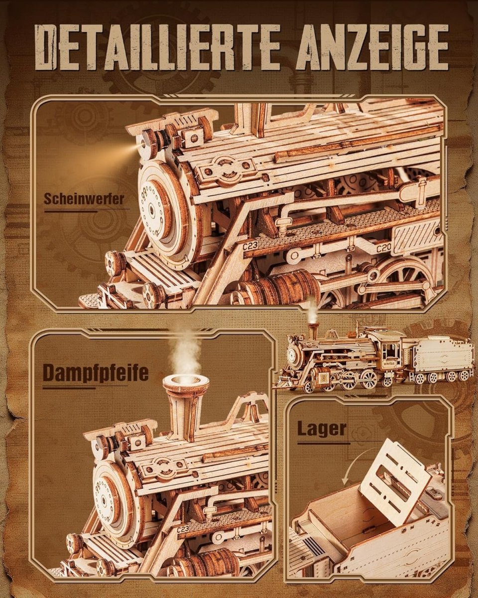 3D Wooden Steam Train Model Kit Mechanical Puzzle DIY Locomotive Build - Kwikley