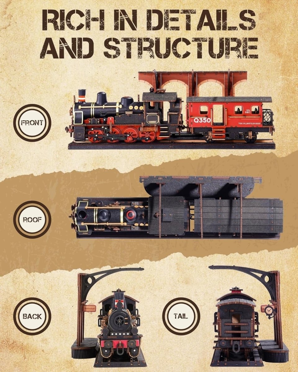 3D Wooden Steam Train Puzzle DIY Vintage Locomotive Model Kit Gift - Kwikley