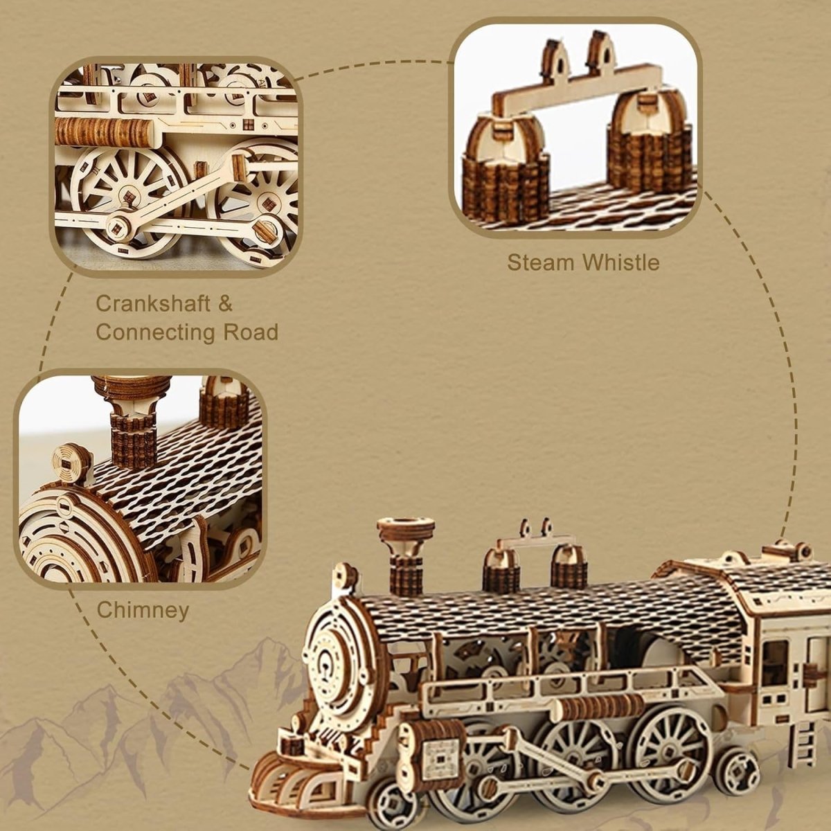 3D Wooden Steam Train Puzzle Mechanical Gear Model Kit DIY Build 361PCS - Kwikley