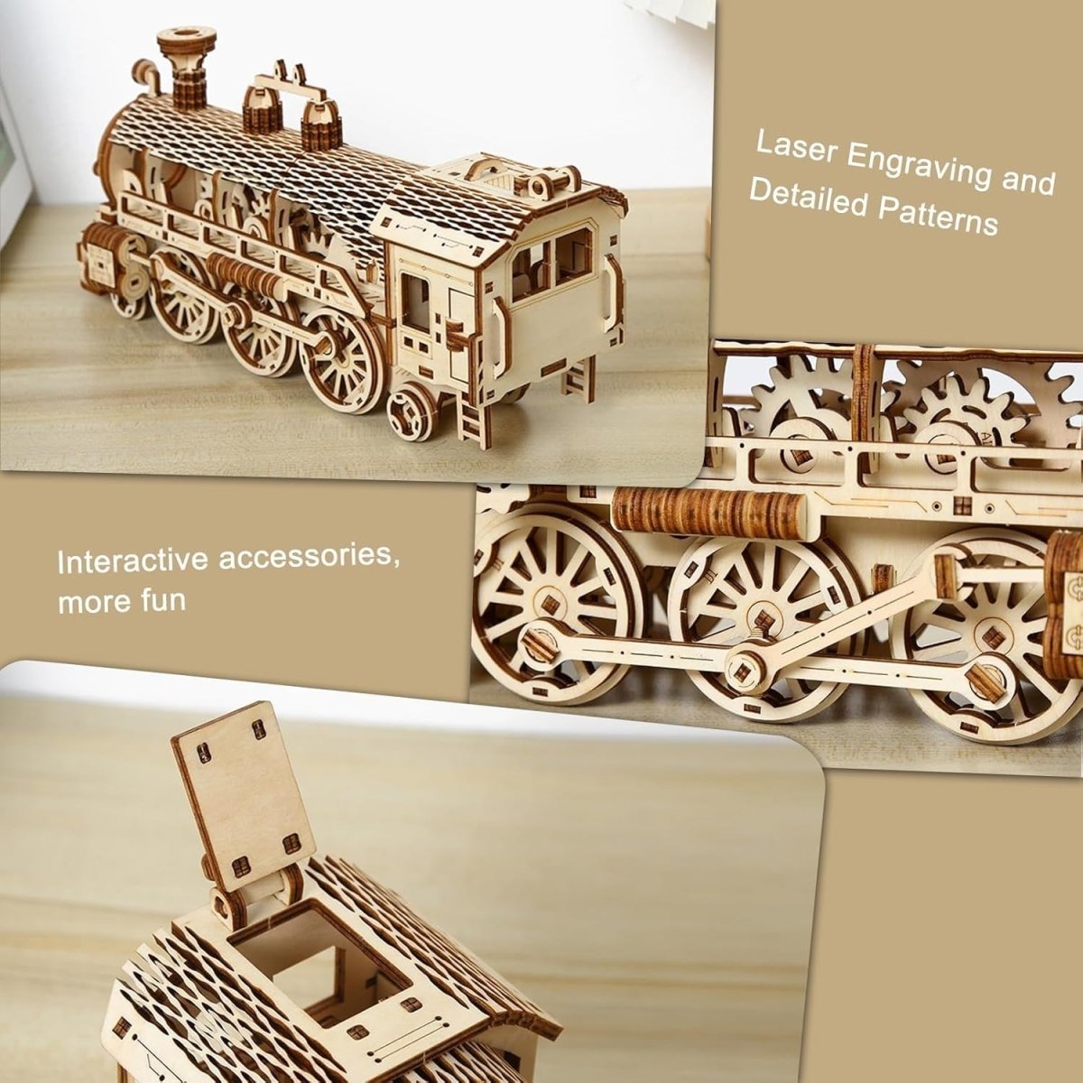 3D Wooden Steam Train Puzzle Mechanical Gear Model Kit DIY Build 361PCS - Kwikley
