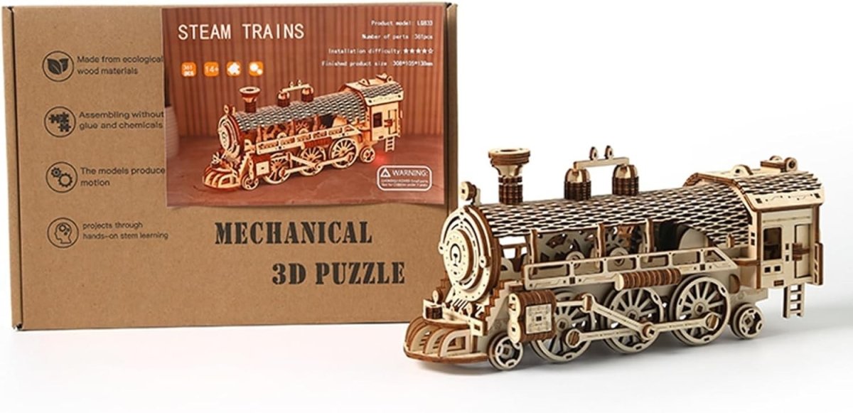 3D Wooden Steam Train Puzzle Mechanical Gear Model Kit DIY Build 361PCS - Kwikley