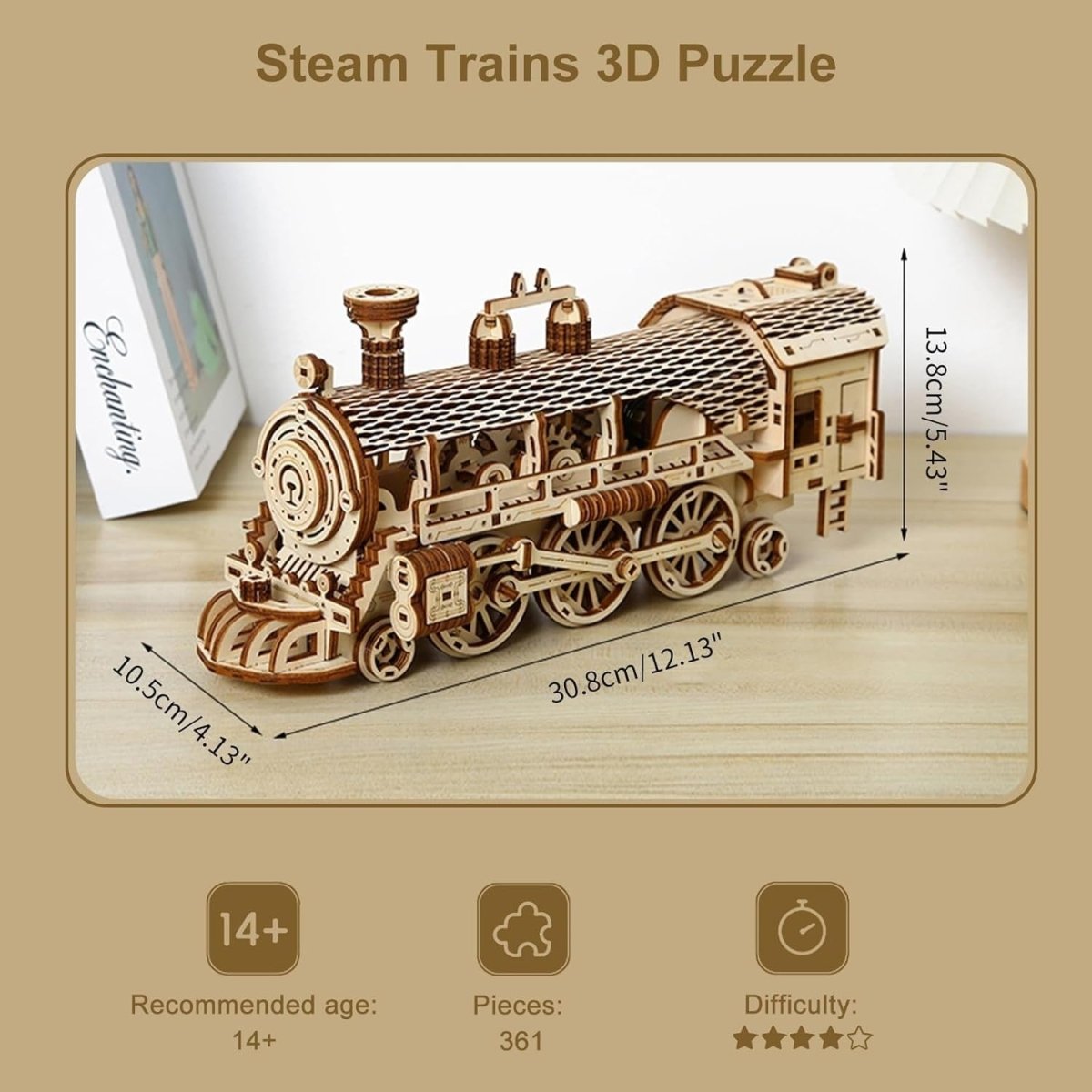 3D Wooden Steam Train Puzzle Mechanical Gear Model Kit DIY Build 361PCS - Kwikley