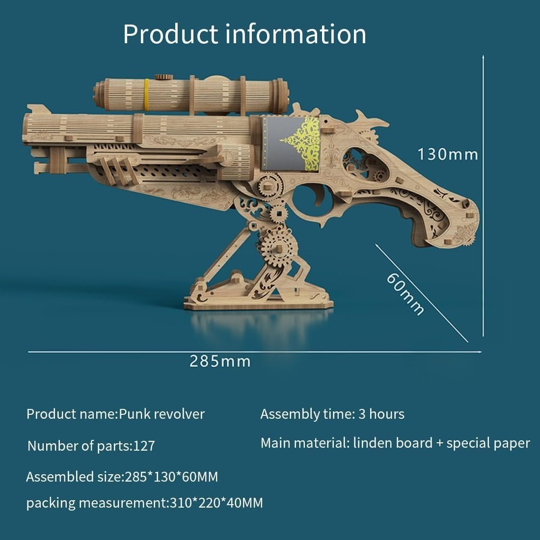 3D Wooden Steampunk Revolver Puzzle DIY Mechanical Model Kit 127PCS Build - Kwikley