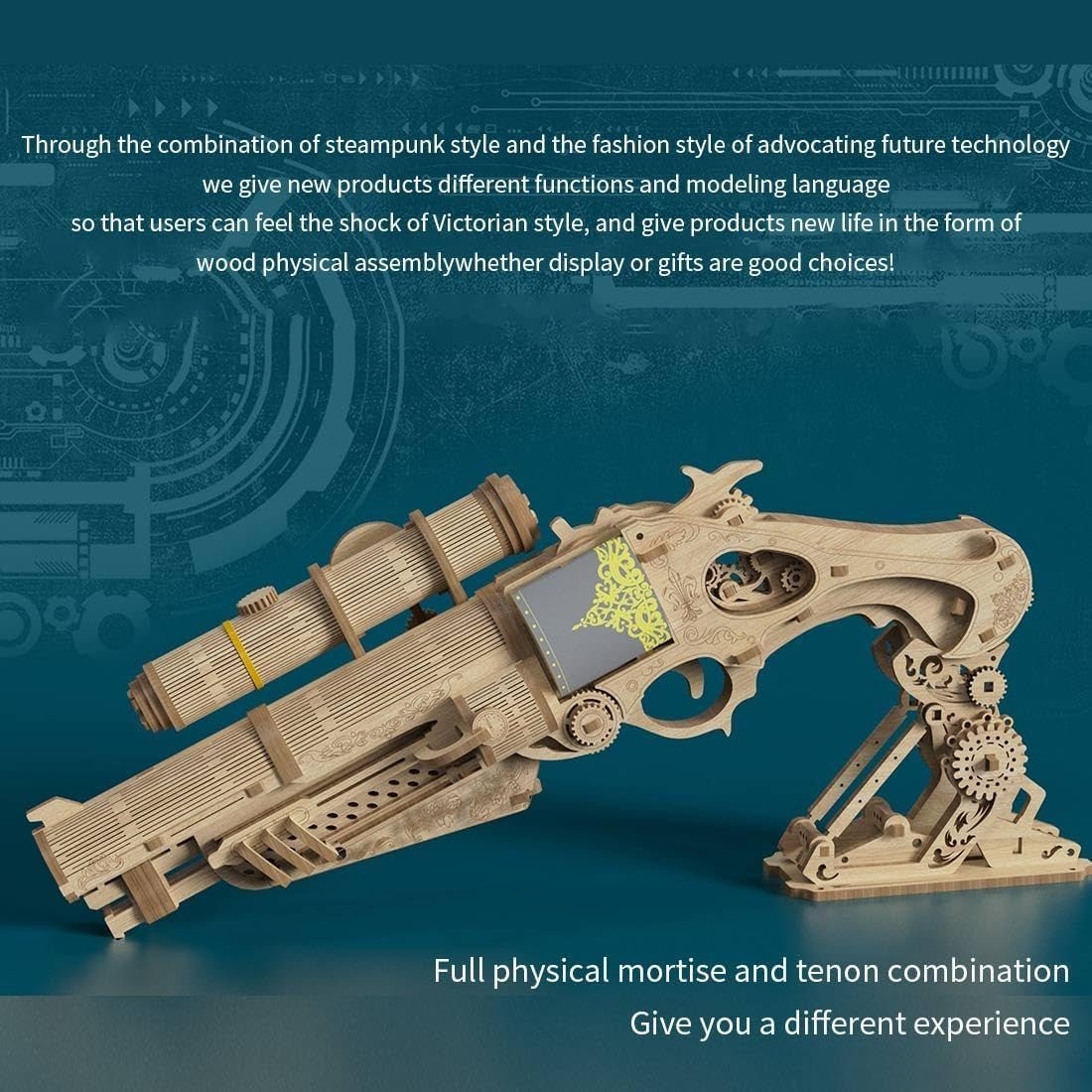 3D Wooden Steampunk Revolver Puzzle DIY Mechanical Model Kit 127PCS Build - Kwikley