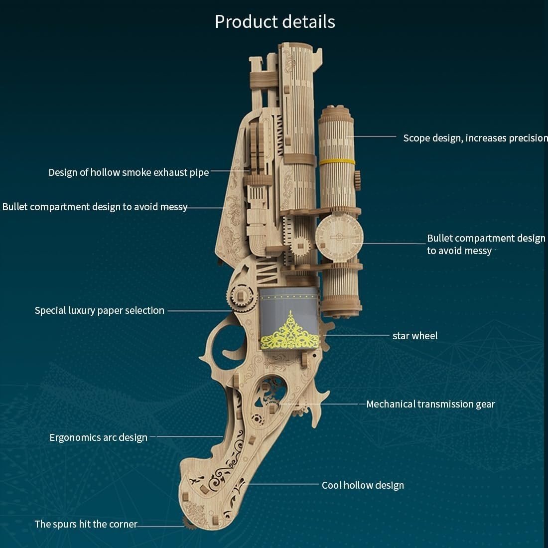 3D Wooden Steampunk Revolver Puzzle DIY Mechanical Model Kit 127PCS Build - Kwikley
