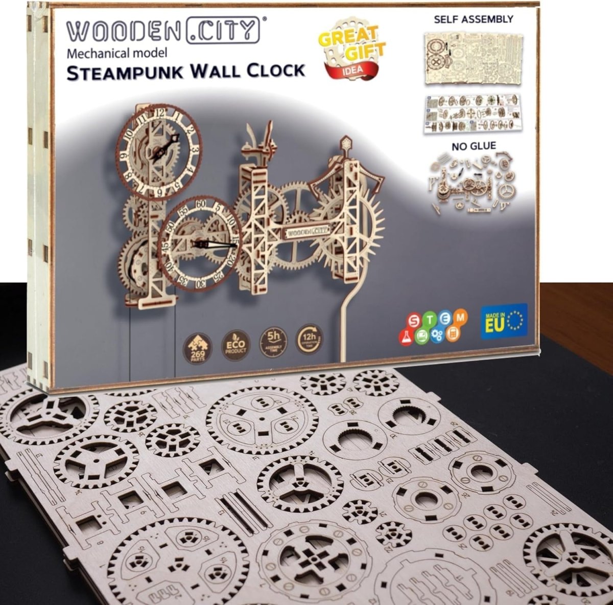 3D Wooden Steampunk Wall Clock Puzzle DIY Mechanical Gear Kit 257PCS - Kwikley