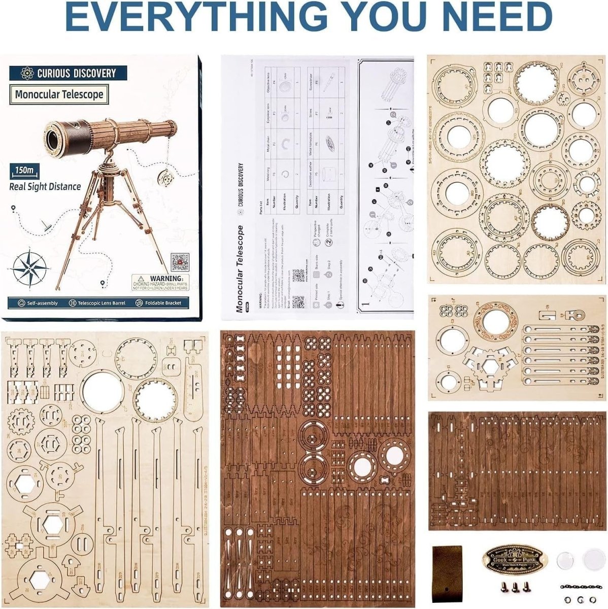 3D Wooden Telescope Puzzle DIY Model Kit Monocular Tripod STEM Gift - Kwikley