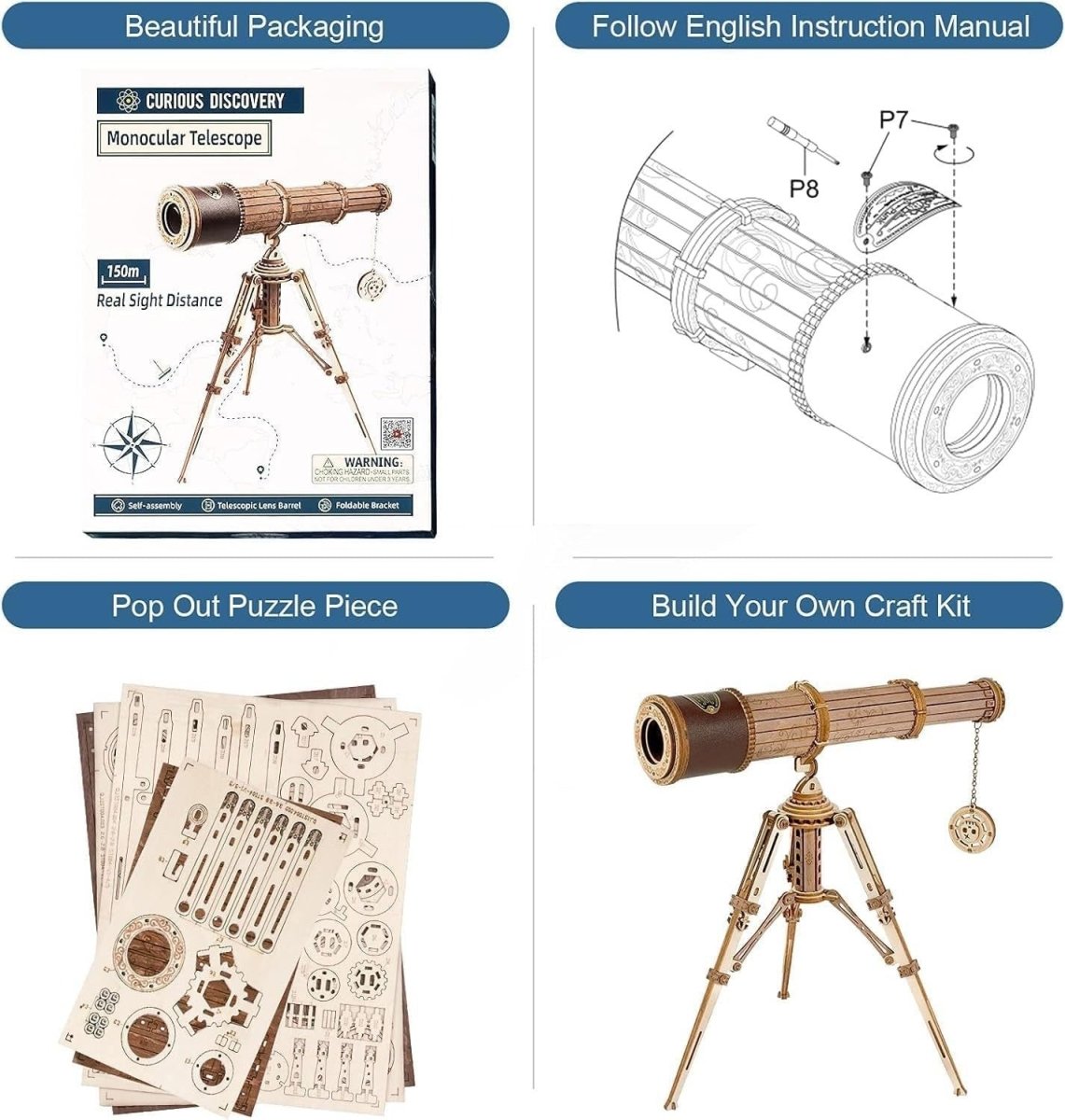 3D Wooden Telescope Puzzle DIY Model Kit Monocular Tripod STEM Gift - Kwikley