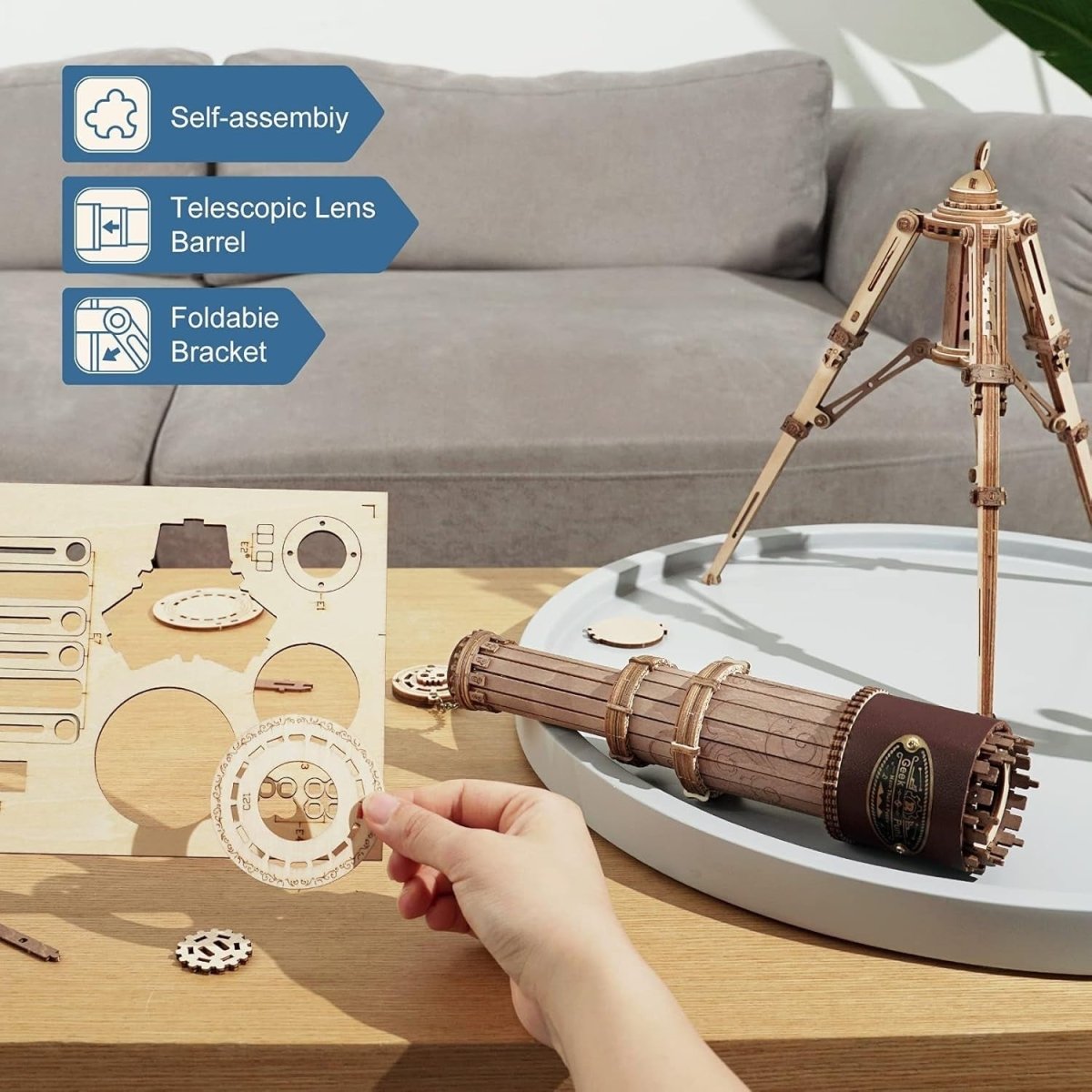 3D Wooden Telescope Puzzle DIY Model Kit Monocular Tripod STEM Gift - Kwikley