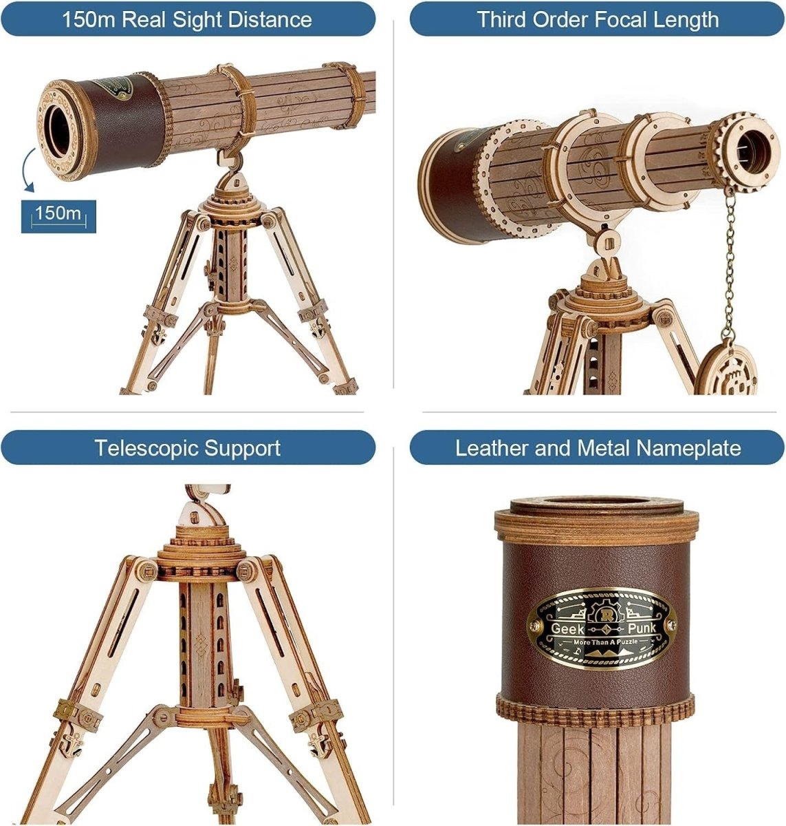 3D Wooden Telescope Puzzle DIY Model Kit Monocular Tripod STEM Gift - Kwikley