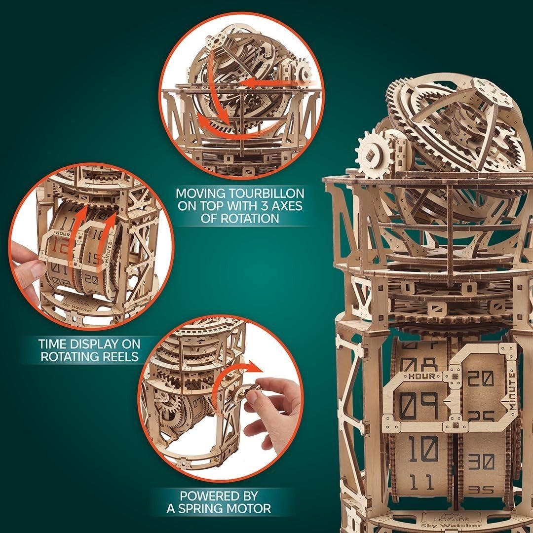 3D Wooden Tourbillon Clock Puzzle Mechanical DIY Model Kit 338PCS Adult - Kwikley