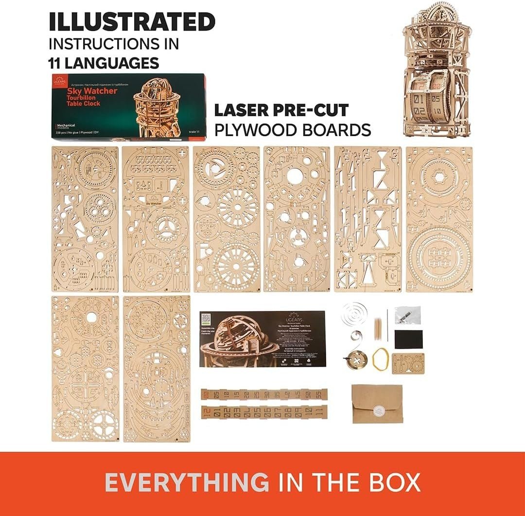 3D Wooden Tourbillon Clock Puzzle Mechanical DIY Model Kit 338PCS Adult - Kwikley