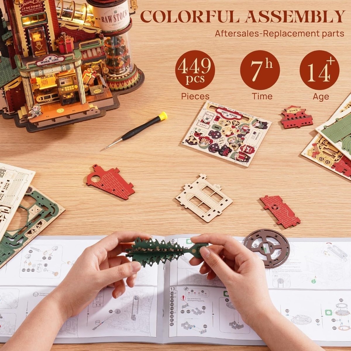 3D Wooden Toy Factory Model Kit Music Lights Mechanical Puzzle DIY - Kwikley