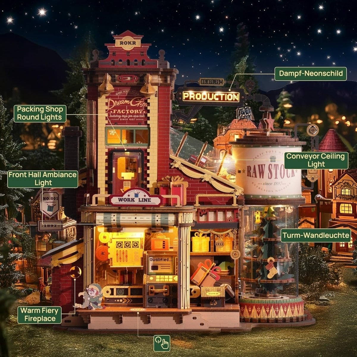 3D Wooden Toy Factory Model Kit Music Lights Mechanical Puzzle DIY - Kwikley
