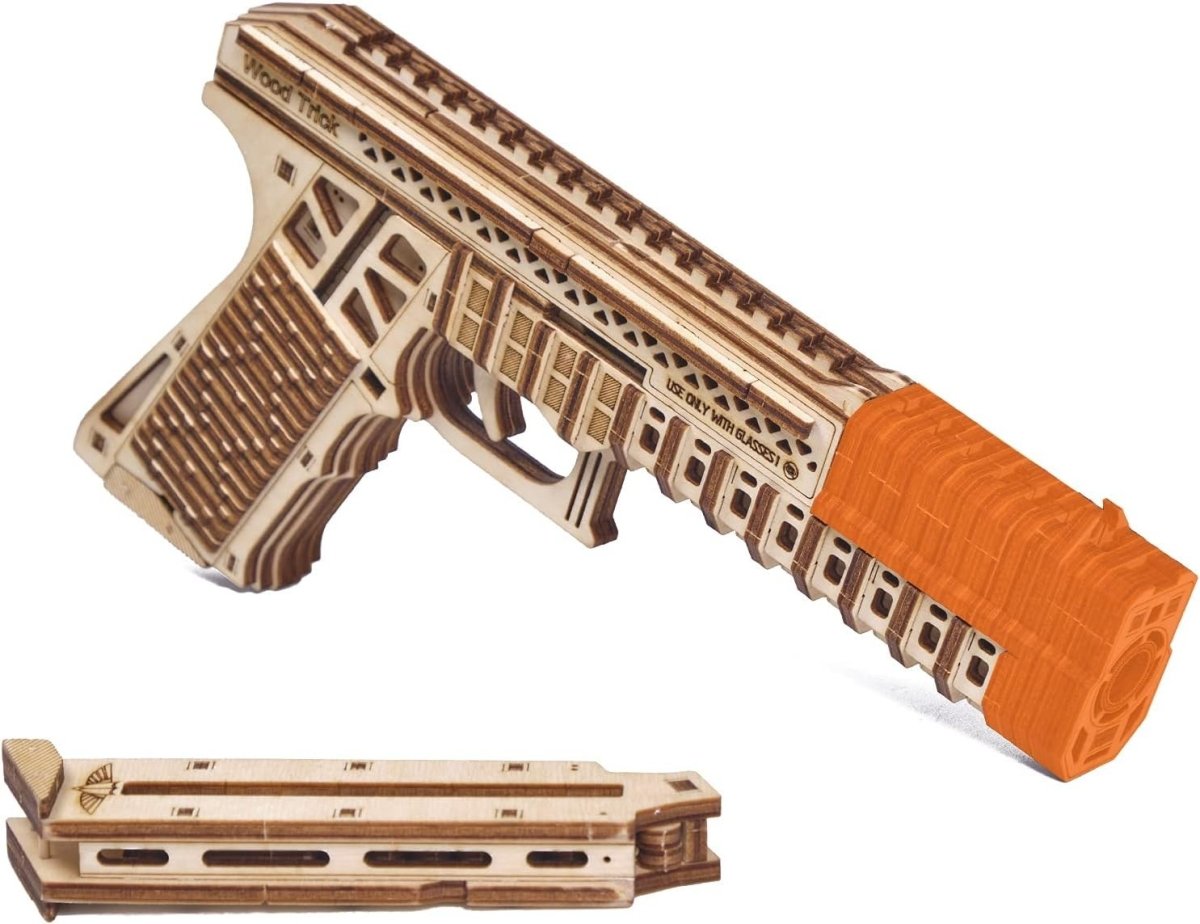 3D Wooden Toy Gun Puzzle DIY Mechanical Model Kit with 2 Magazines - Kwikley
