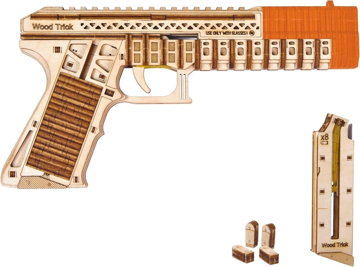 3D Wooden Toy Gun Puzzle DIY Mechanical Model Kit with 2 Magazines - Kwikley