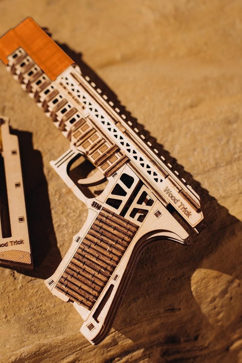 3D Wooden Toy Gun Puzzle DIY Mechanical Model Kit with 2 Magazines - Kwikley