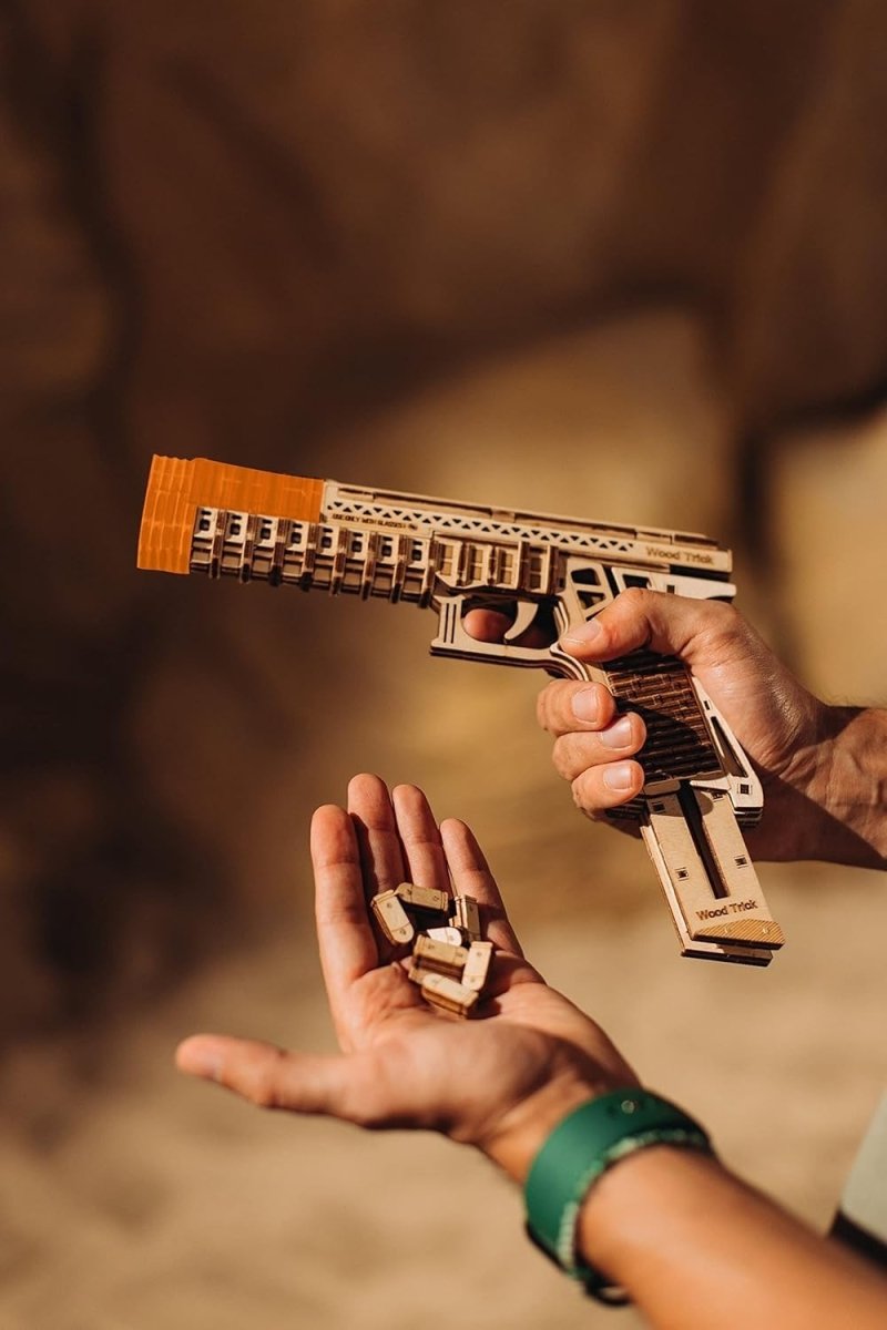 3D Wooden Toy Gun Puzzle DIY Mechanical Model Kit with 2 Magazines - Kwikley