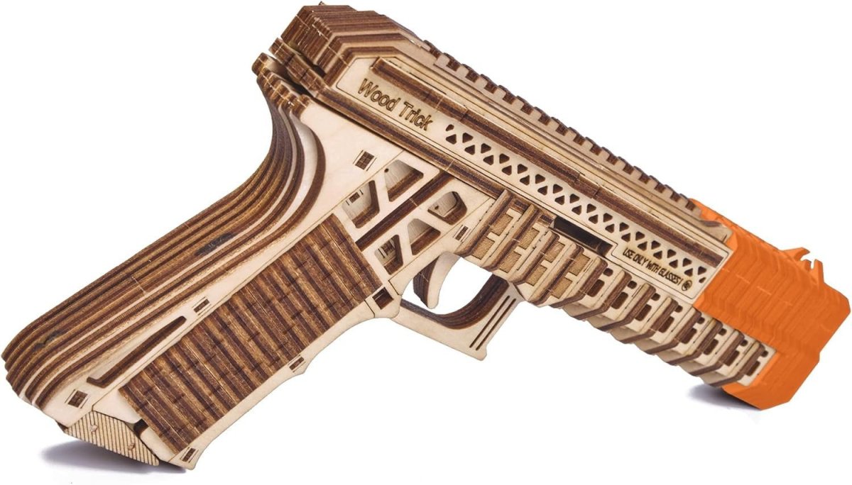 3D Wooden Toy Gun Puzzle DIY Mechanical Model Kit with 2 Magazines - Kwikley
