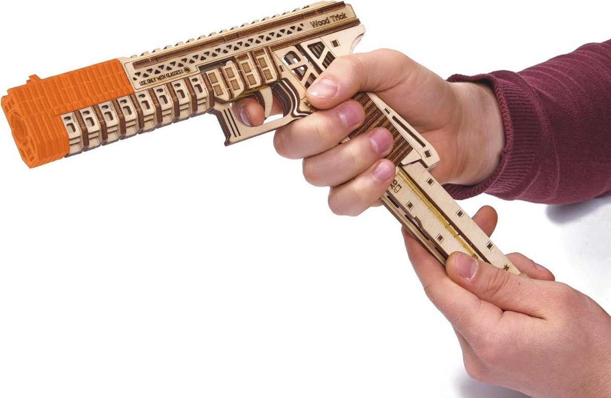3D Wooden Toy Gun Puzzle DIY Mechanical Model Kit with 2 Magazines - Kwikley