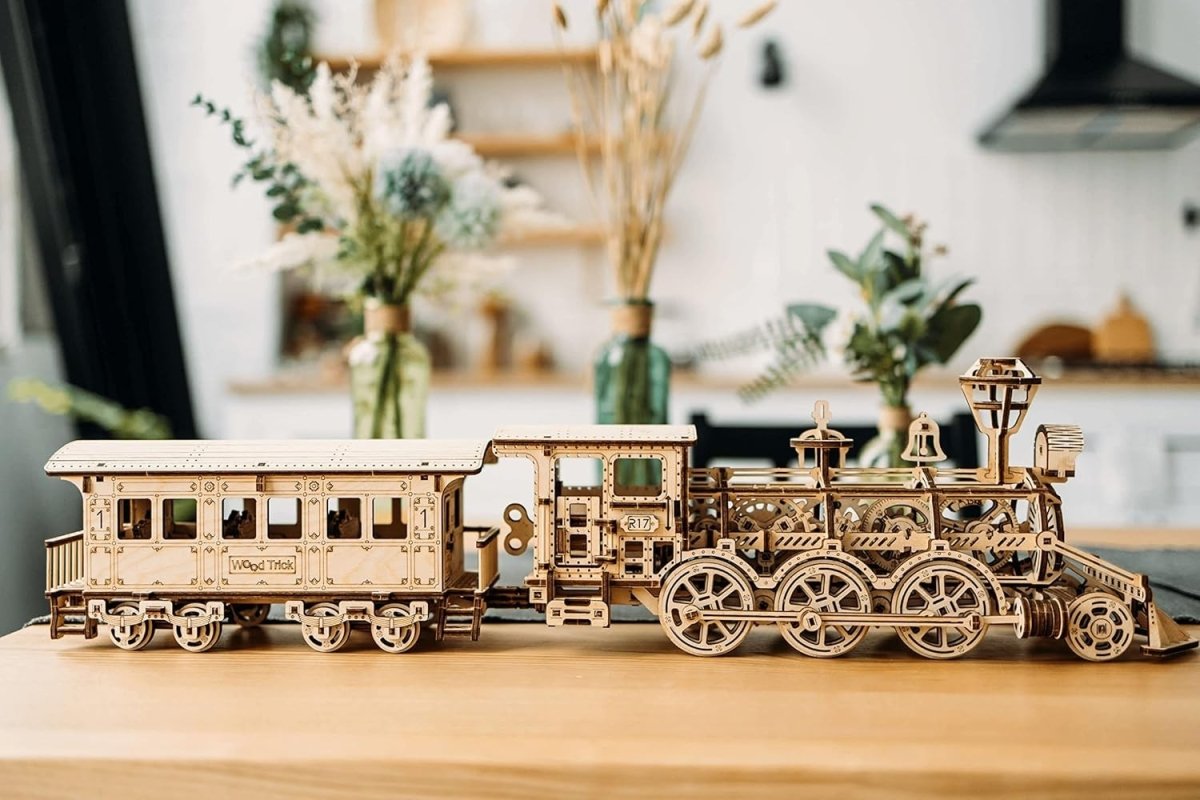 3D Wooden Train Set with Railway DIY Locomotive Puzzle Model Kit Adult - Kwikley