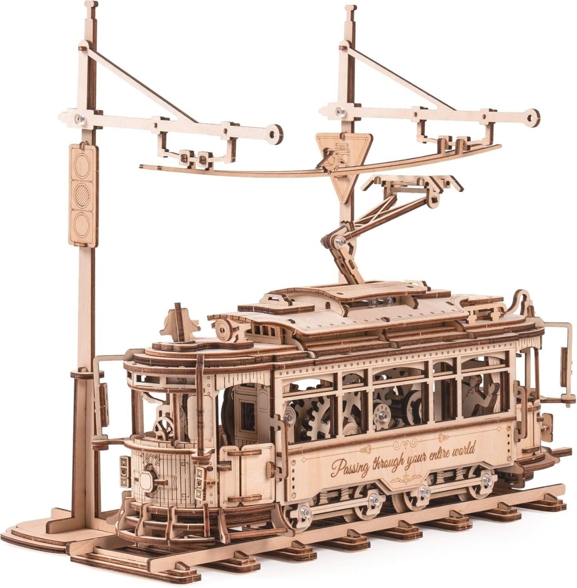 3D Wooden Tram Model Kit Mechanical Gear Drive Puzzle DIY Build - Kwikley