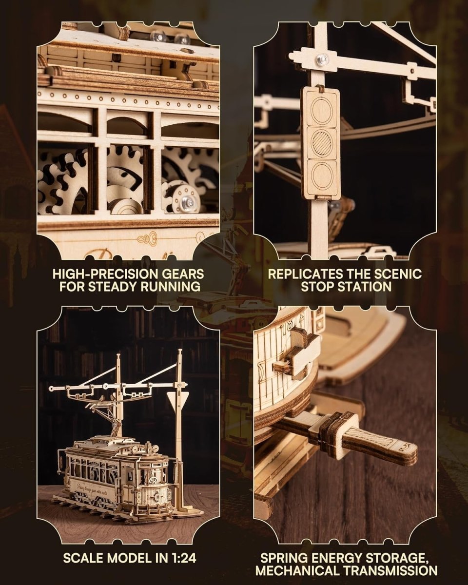 3D Wooden Tram Model Kit Mechanical Gear Drive Puzzle DIY Build - Kwikley