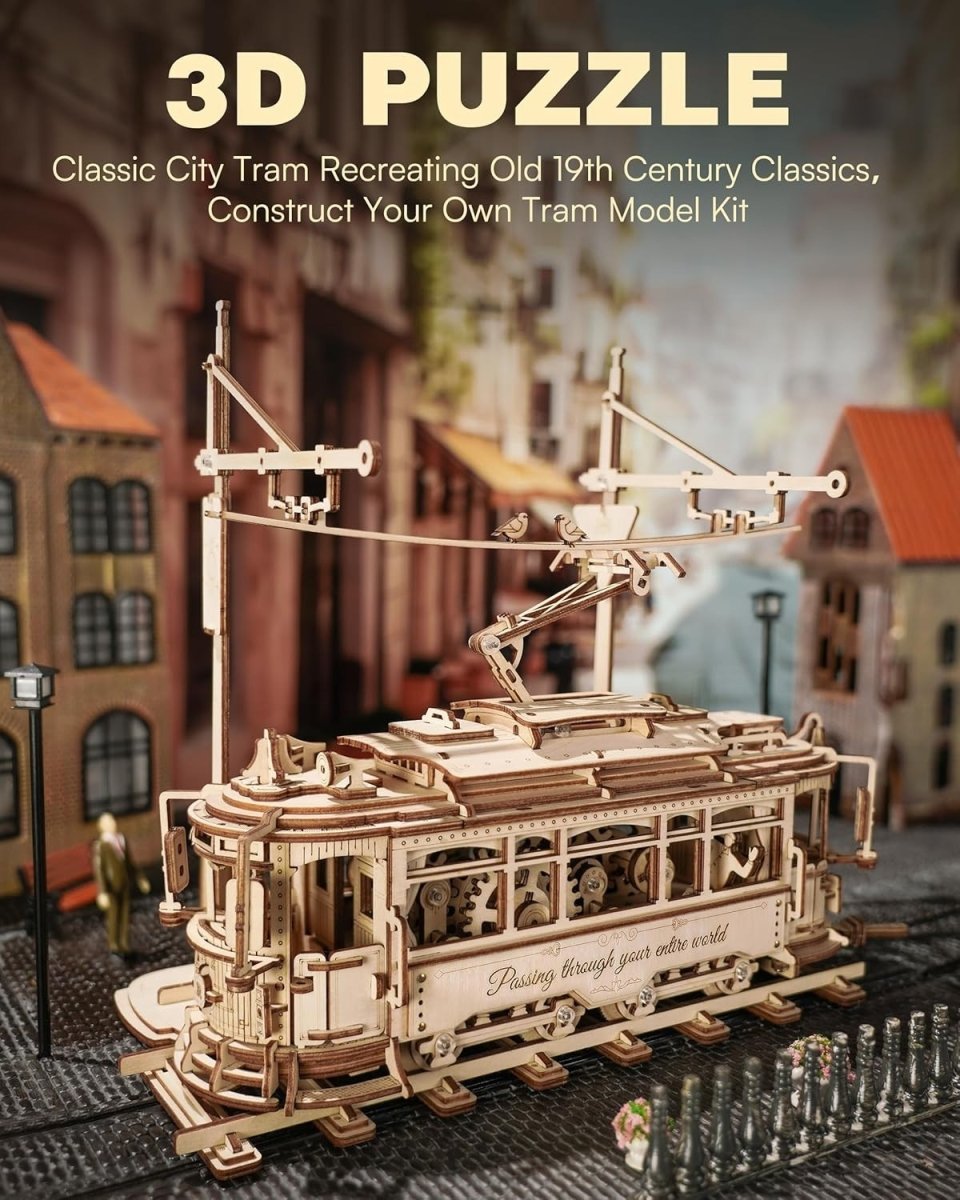 3D Wooden Tram Model Kit Mechanical Gear Drive Puzzle DIY Build - Kwikley