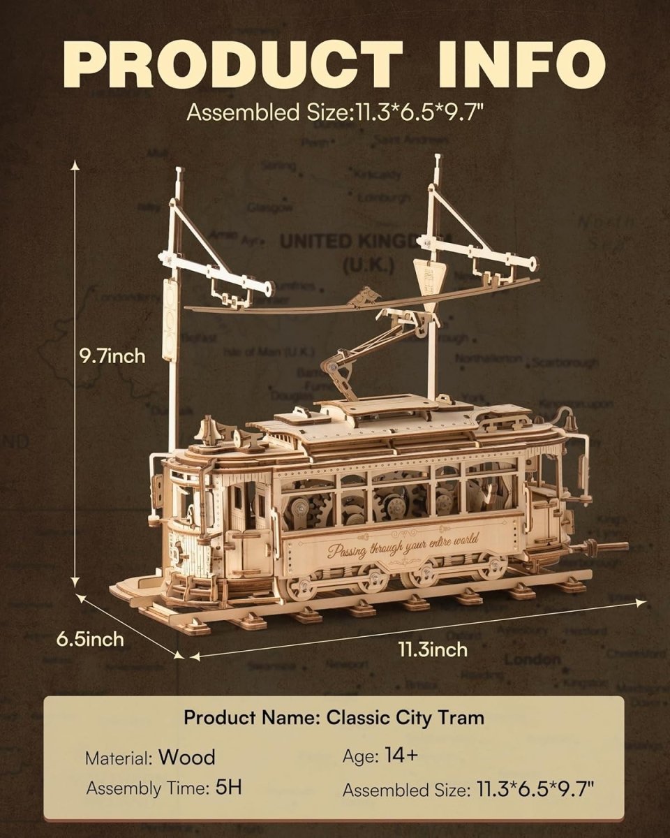 3D Wooden Tram Model Kit Mechanical Gear Drive Puzzle DIY Build - Kwikley