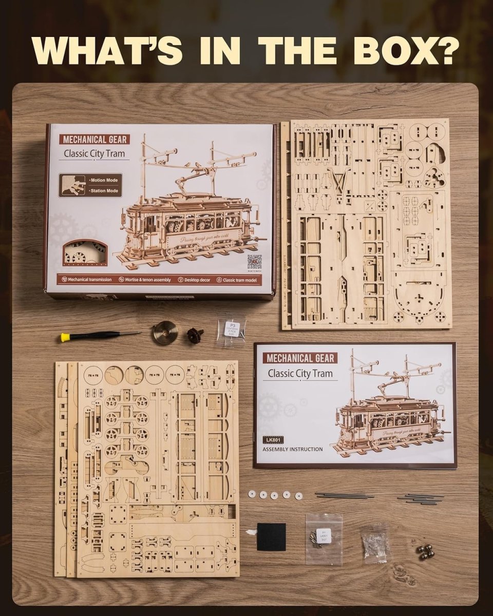 3D Wooden Tram Model Kit Mechanical Gear Drive Puzzle DIY Build - Kwikley