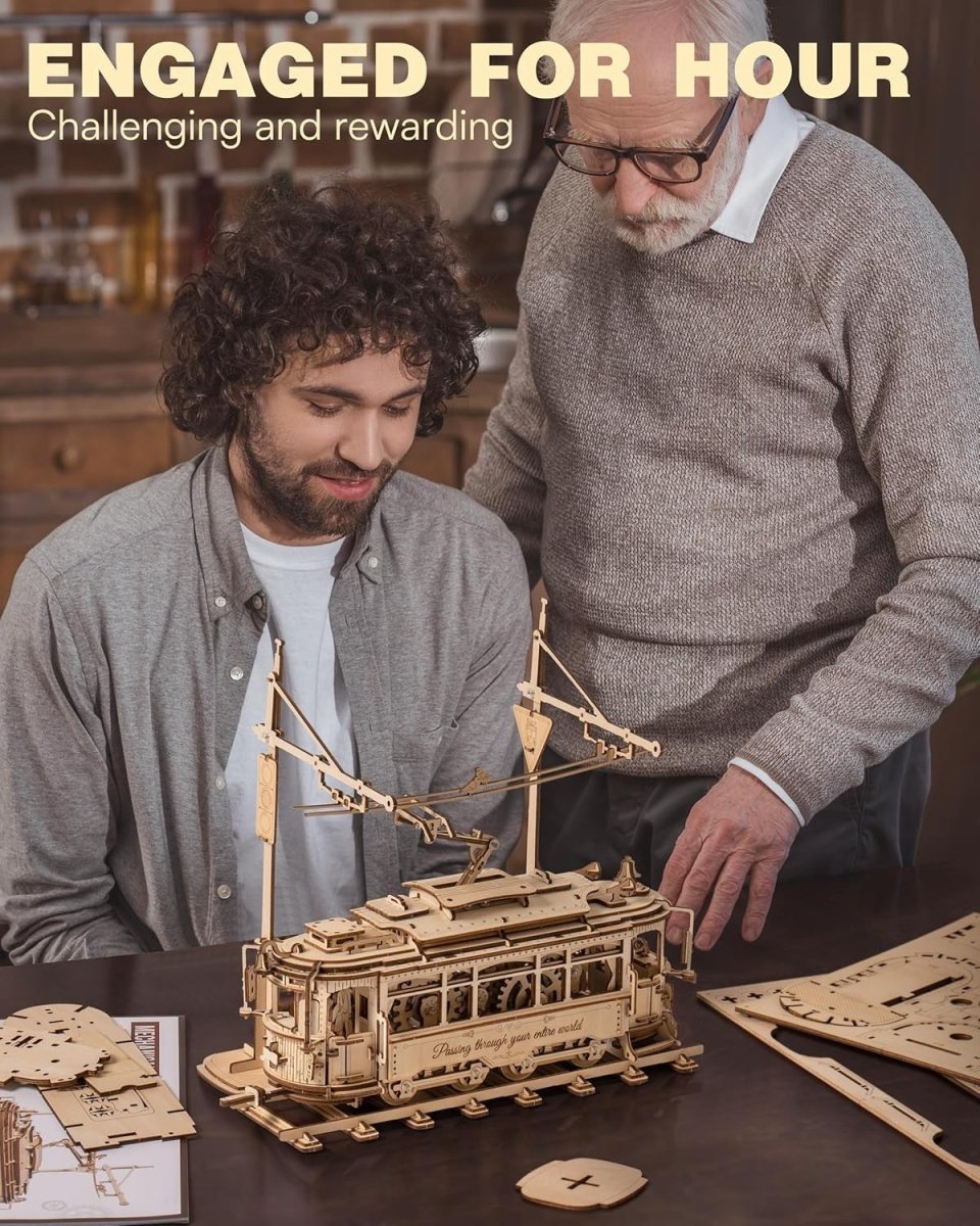 3D Wooden Tram Model Kit Mechanical Gear Drive Puzzle DIY Build - Kwikley