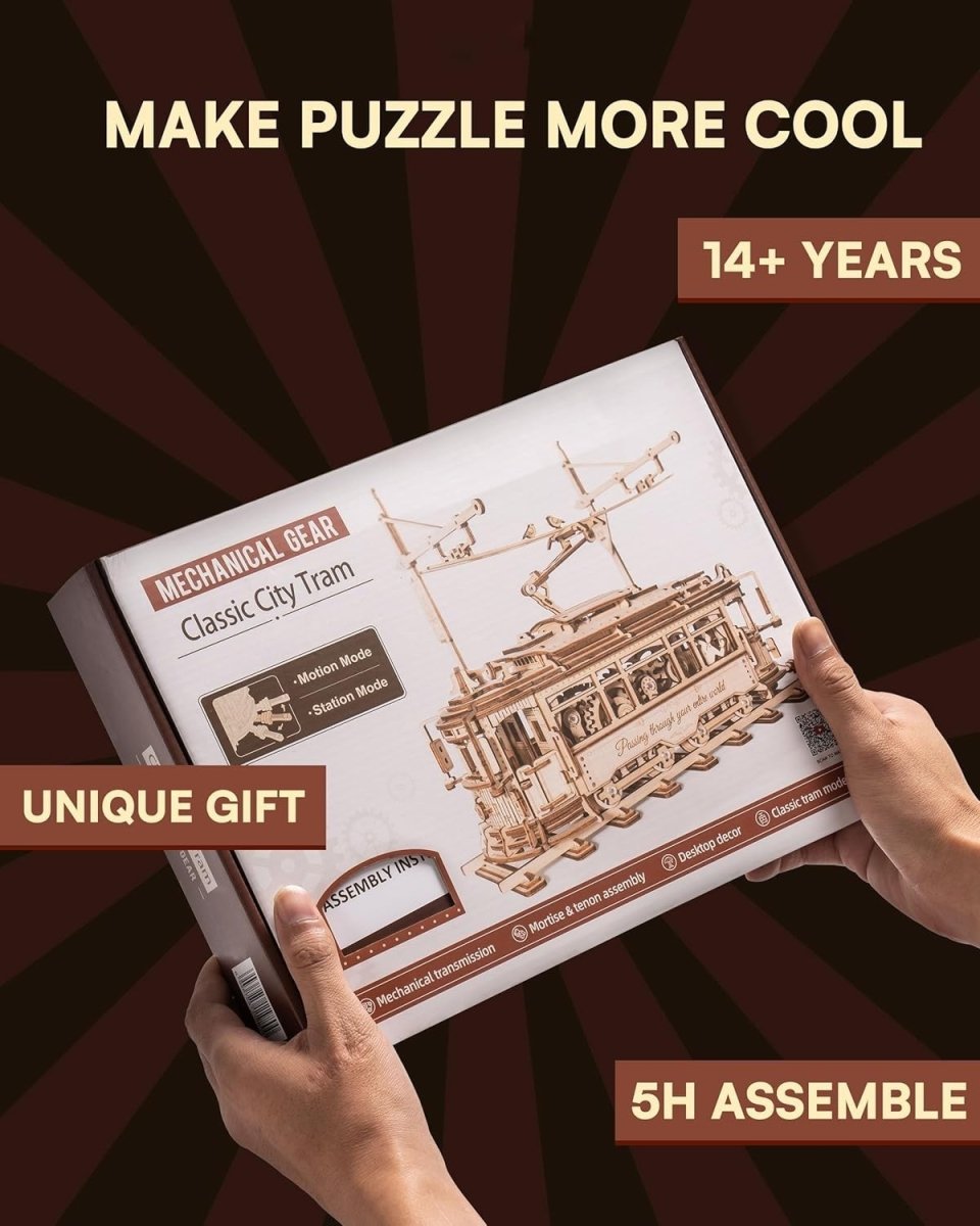 3D Wooden Tram Model Kit Mechanical Gear Drive Puzzle DIY Build - Kwikley