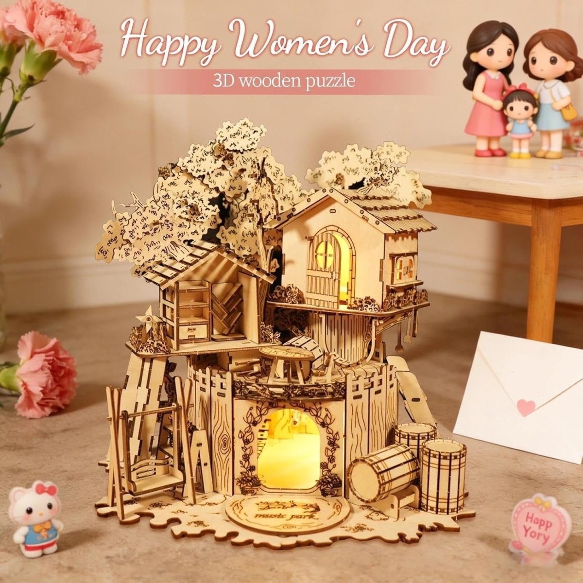 3D Wooden Treehouse Puzzle DIY Miniature House Kit LED Home Decor - Kwikley