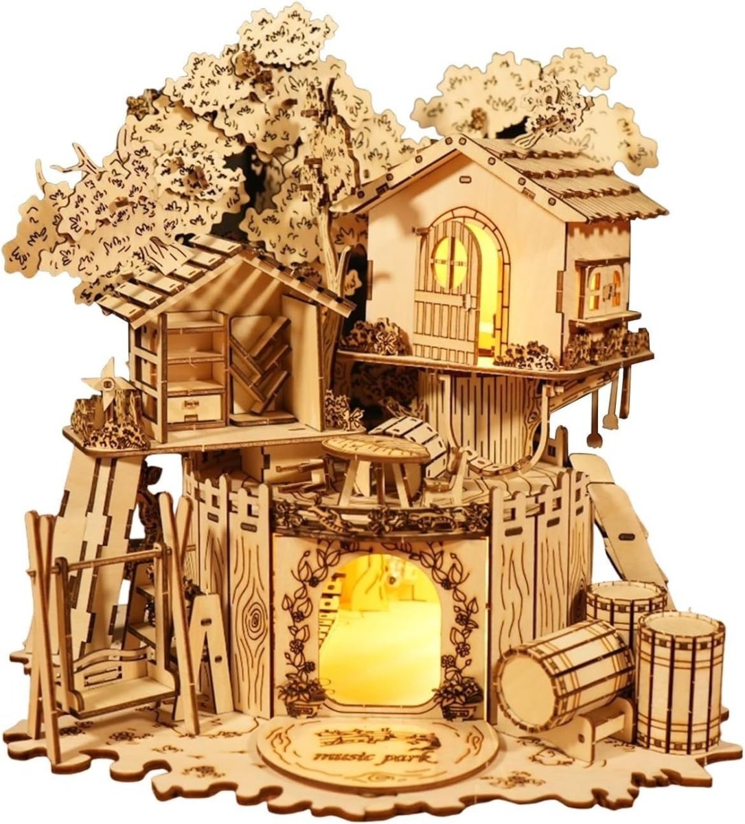 3D Wooden Treehouse Puzzle DIY Miniature House Kit LED Home Decor - Kwikley