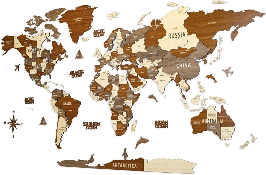 3D Wooden World Map Wall Art Multilayer Travel Decor - Kwikley