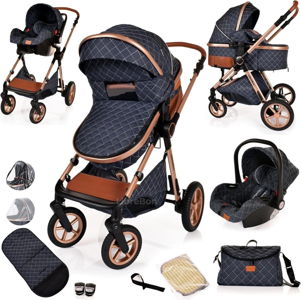 3in1 Baby Pram Travel System Pushchair Car Seat Foldable Denim Blue - Kwikley