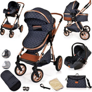 3in1 Baby Pram Travel System Pushchair Car Seat Foldable Denim Blue - Kwikley