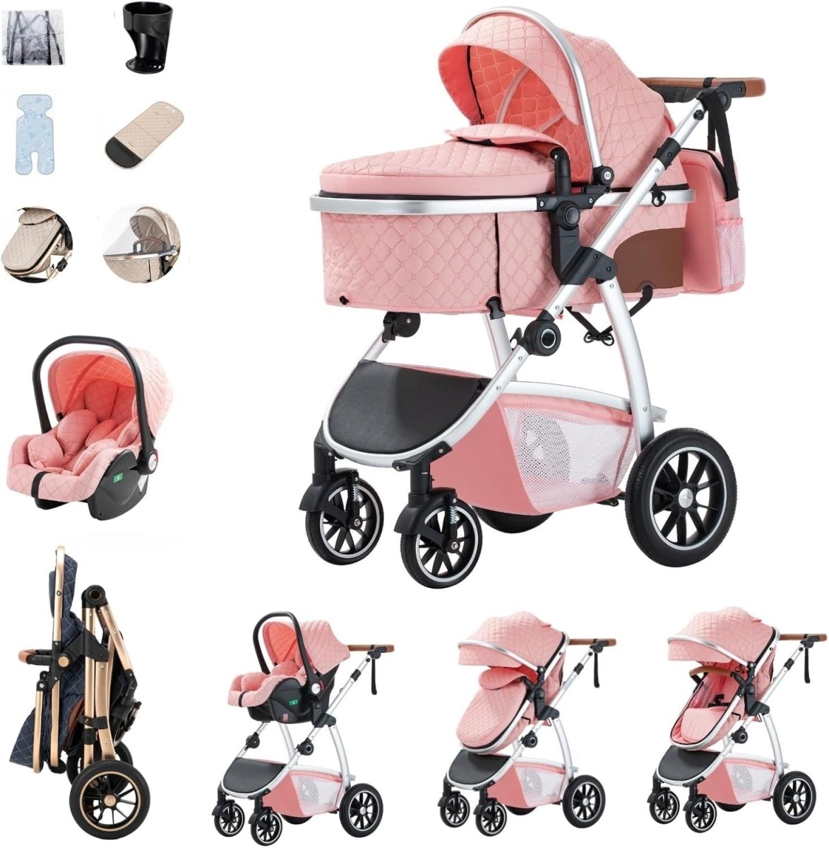 3in1 Baby Travel System Pram Pushchair Car Seat Compact Pink - Kwikley