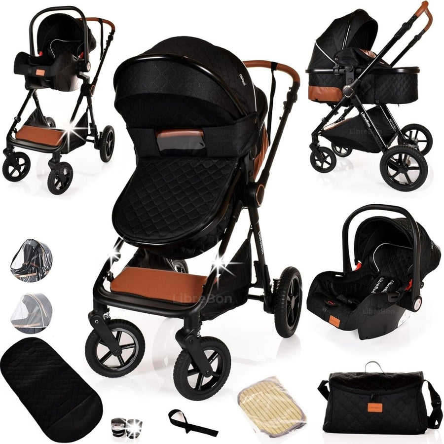 3in1 Baby Travel System Pram Pushchair Car Seat Foldable Black - Kwikley