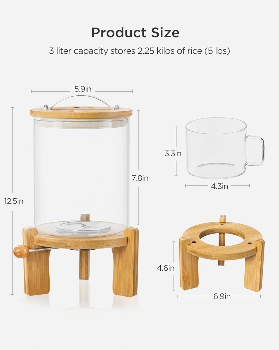 3L Glass Rice Dispenser Airtight Bamboo Lid w Wooden Stand - Kwikley