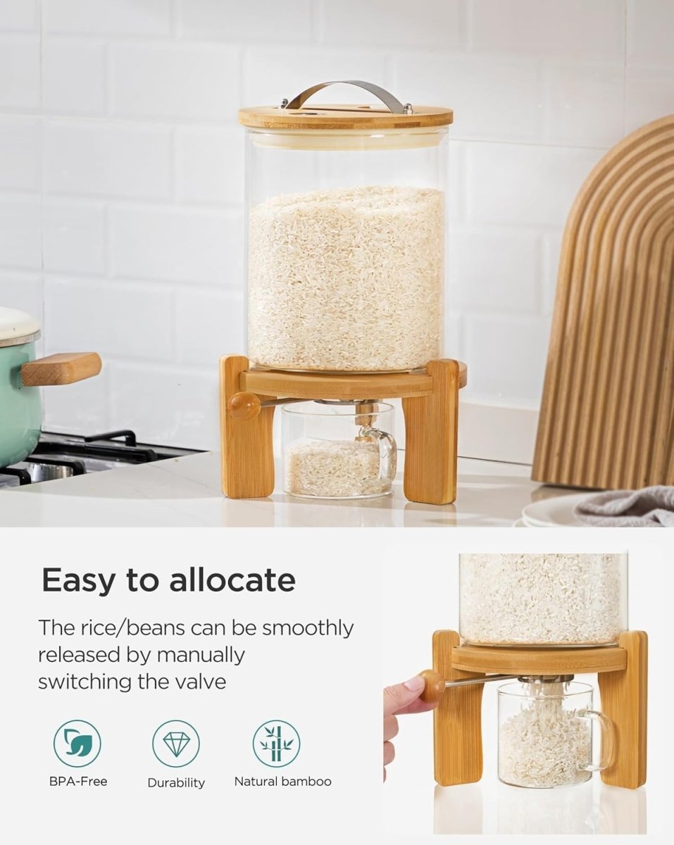 3L Glass Rice Dispenser Airtight Bamboo Lid w Wooden Stand - Kwikley