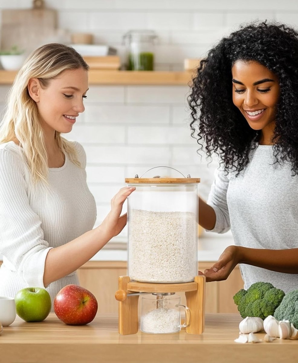 3L Glass Rice Dispenser Airtight Bamboo Lid w Wooden Stand - Kwikley