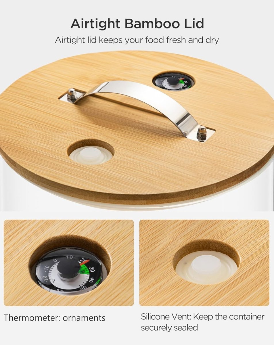 3L Glass Rice Dispenser Airtight Bamboo Lid w Wooden Stand - Kwikley