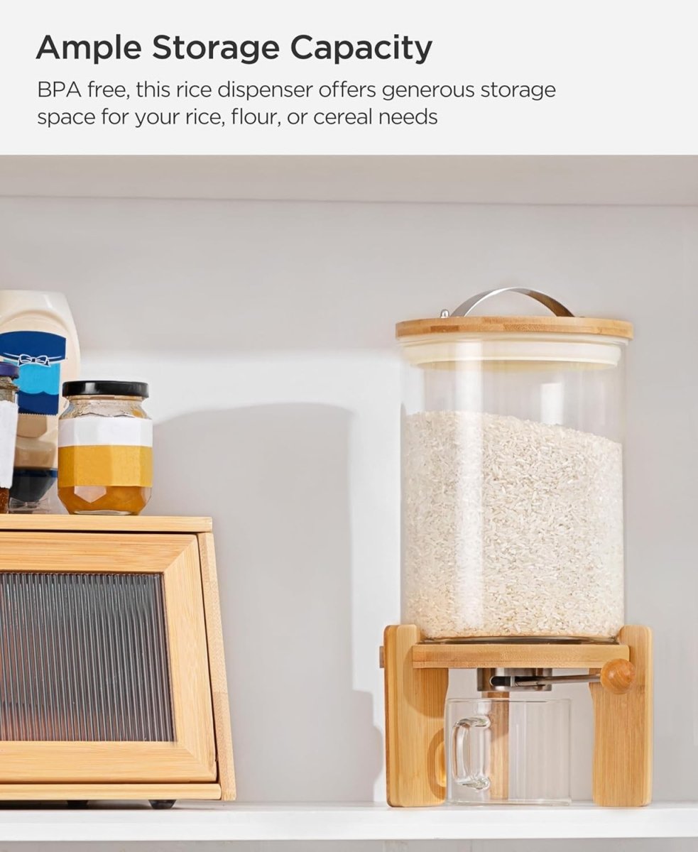 3L Glass Rice Dispenser Airtight Bamboo Lid w Wooden Stand - Kwikley