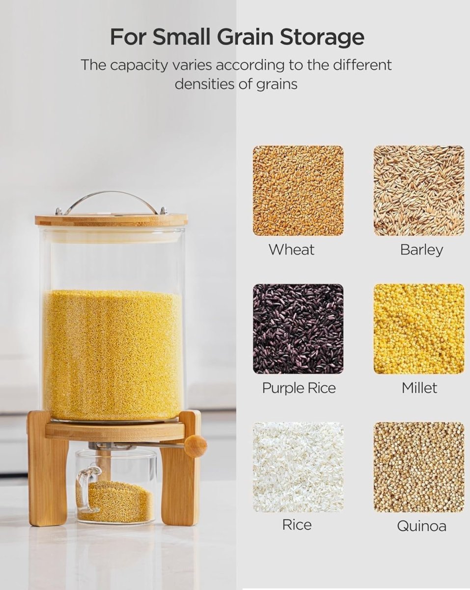 3L Glass Rice Dispenser Airtight Bamboo Lid w Wooden Stand - Kwikley