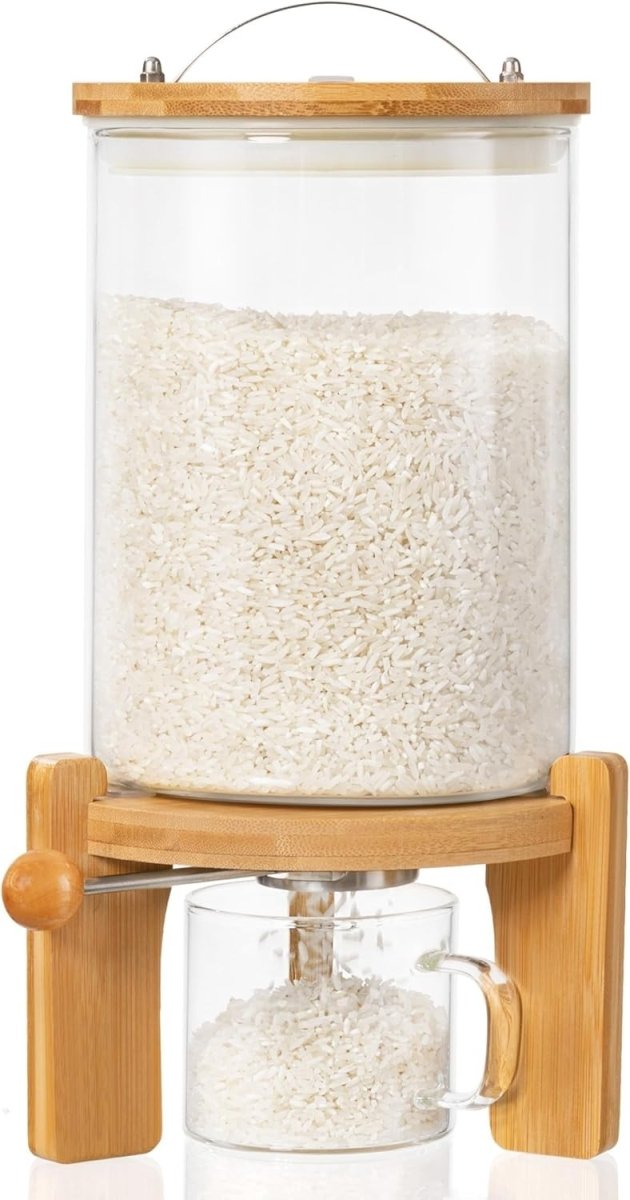 3L Glass Rice Dispenser Airtight Bamboo Lid w Wooden Stand - Kwikley