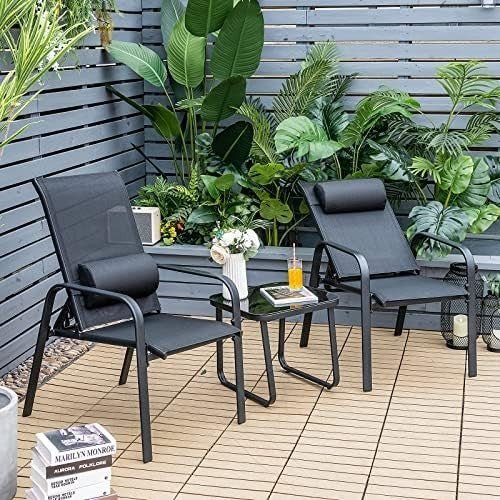 3PC Patio Bistro Set Outdoor Garden Table Chairs Adjustable Recliner Black - Kwikley