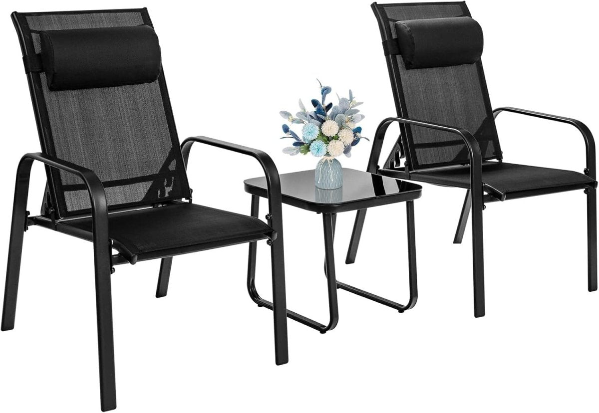 3PC Patio Bistro Set Outdoor Garden Table Chairs Adjustable Recliner Black - Kwikley