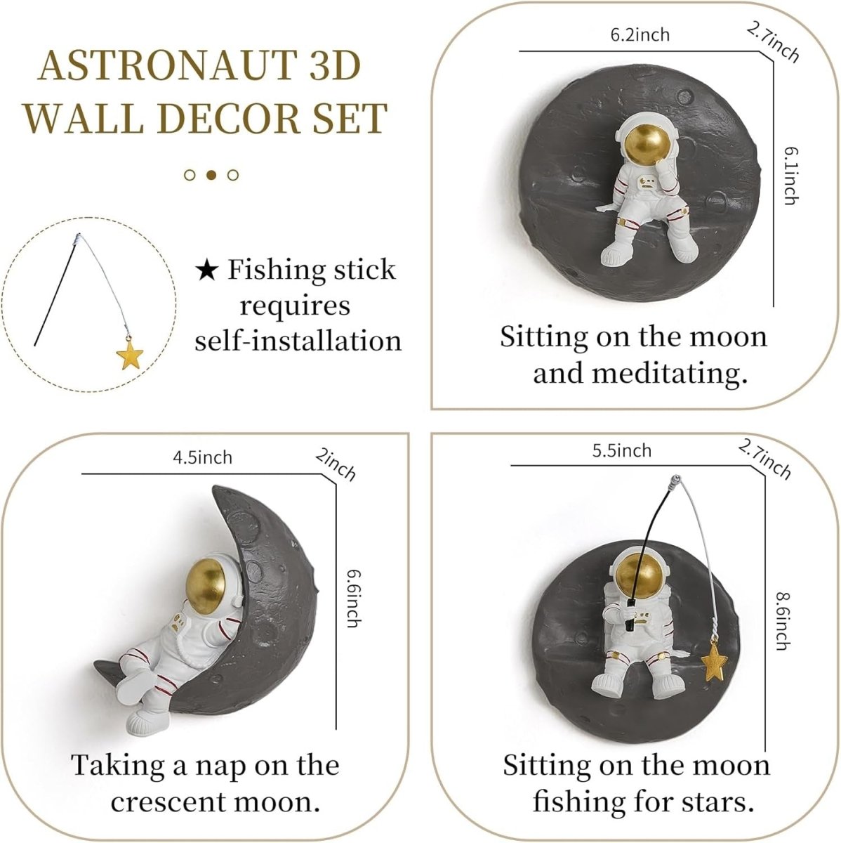 3Pcs Astronaut Wall Decor 3D Moon Space Sculpture Kids Room - Kwikley