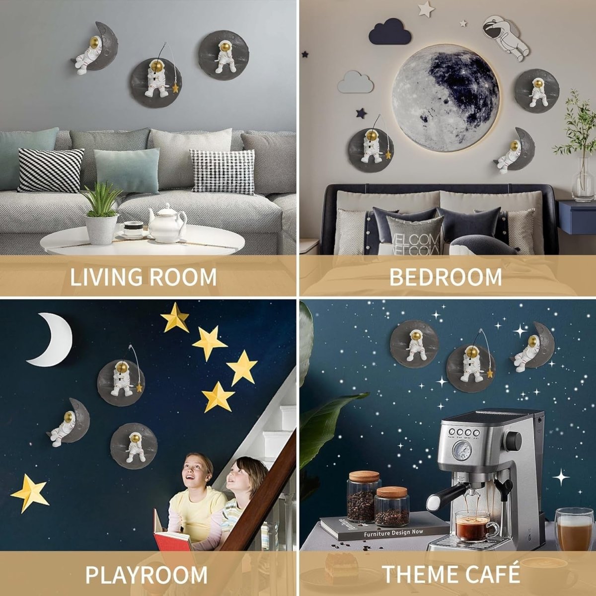 3Pcs Astronaut Wall Decor 3D Moon Space Sculpture Kids Room - Kwikley